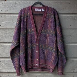 Vintage 80s John Ashford Plaid Cardigan Sweater Made in Italy Wool Large